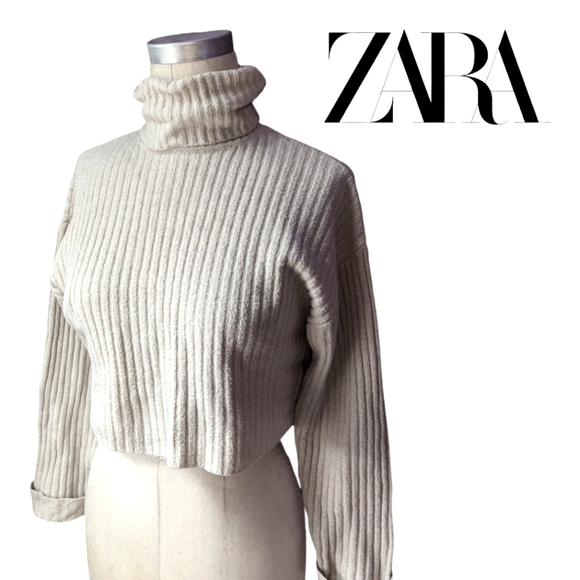 ZARA Cozy Cropped Turtleneck Sweater; Cream Colored; Ribbed Size 11-12 - Picture 5 of 5